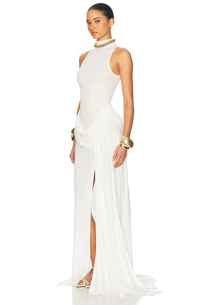 Turtleneck Off-Shoulder Sleeveless Pleated Maxi Dress