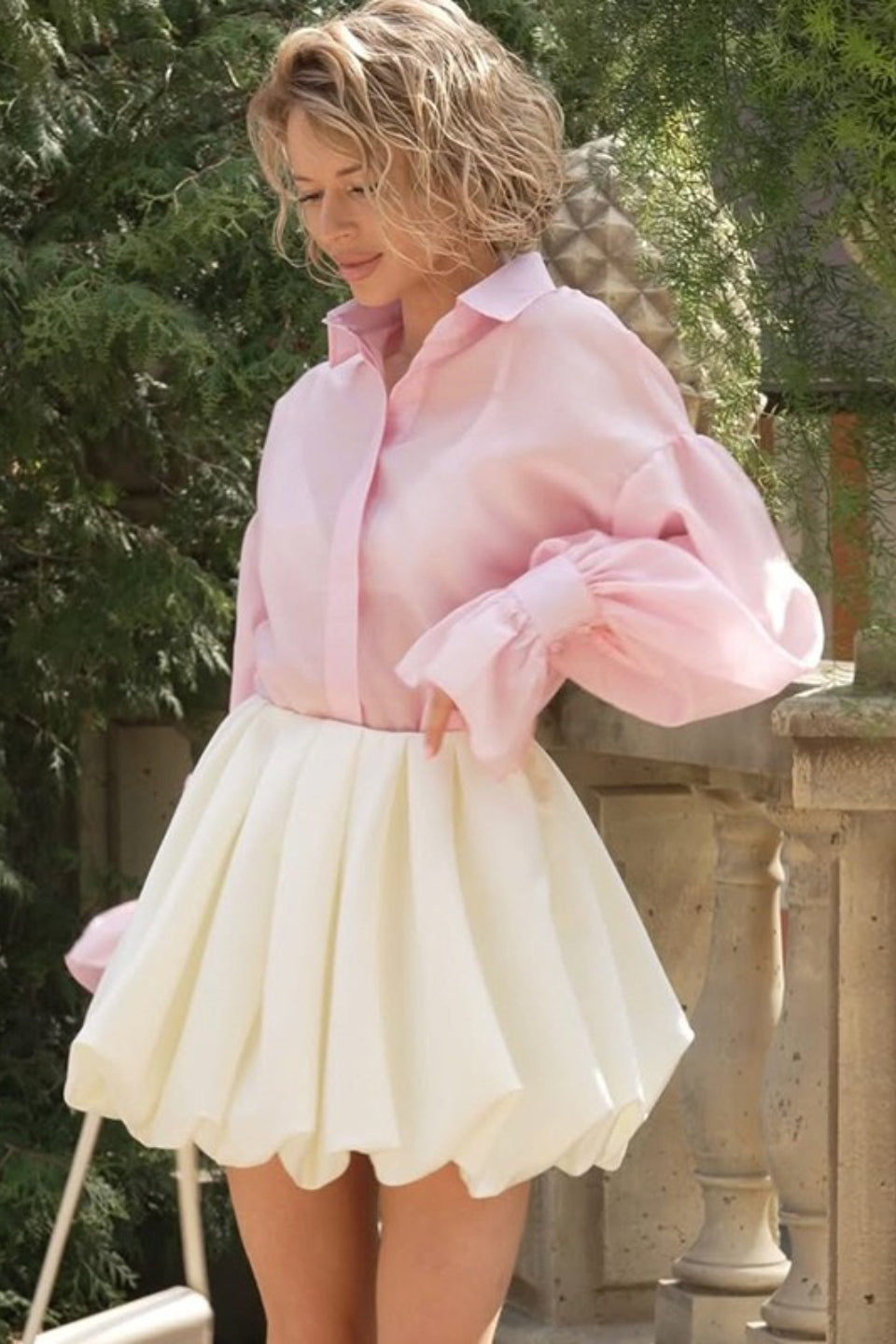 Sheer Organza Look Collared Balloon Sleeve Flared Cuff Button Front Blouse 3