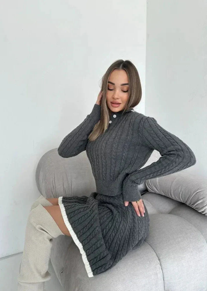 Cable Knit Buttoned Sweater Dress Set