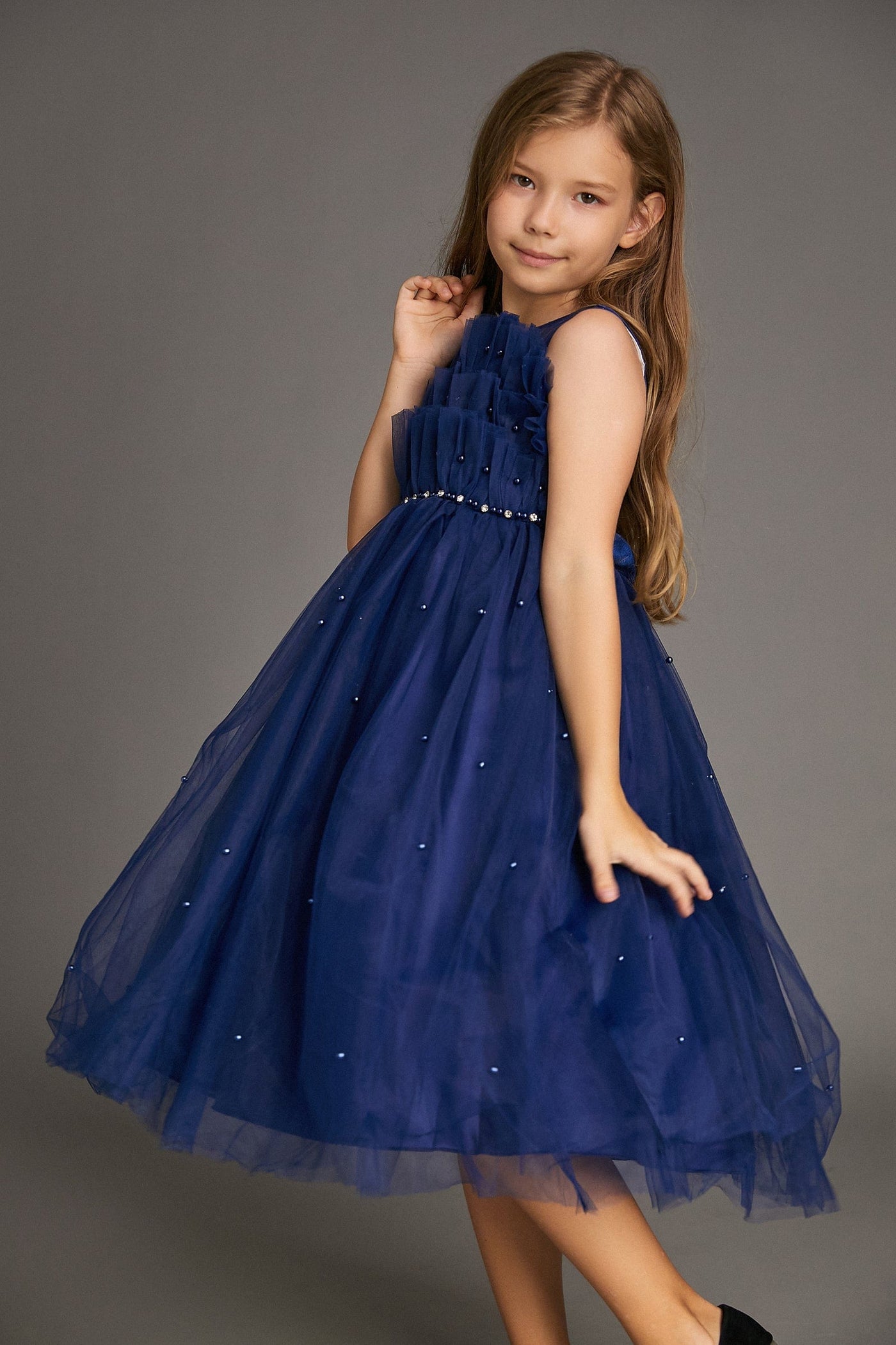 Kids Midnight Blue Strapless Ruffled Maxi Party Dress - View 6