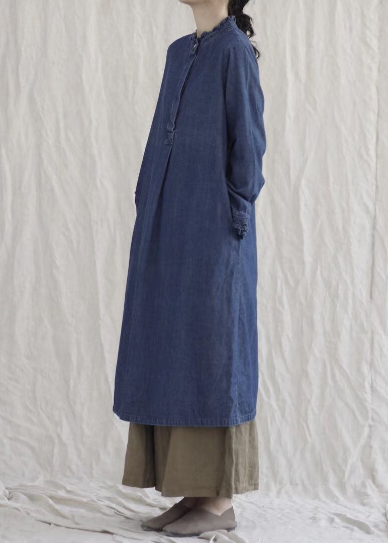 Ruffle Collar Cuff Long Sleeve Denim Button Front Midi Dress
