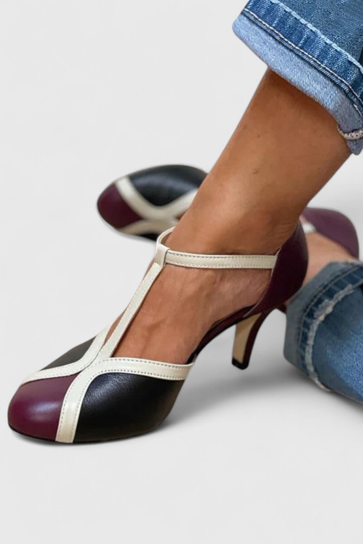 Contrast Cap Toe T-Strap Stiletto Heel Pumps