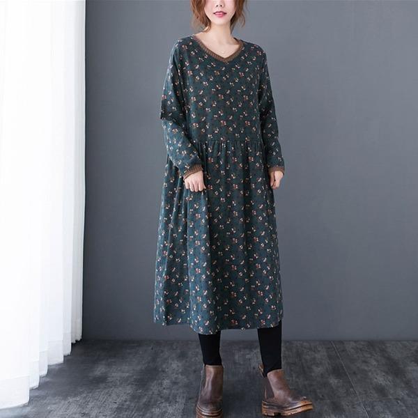 Vintage Print V-neck Loose Comfortable Female Long Dress