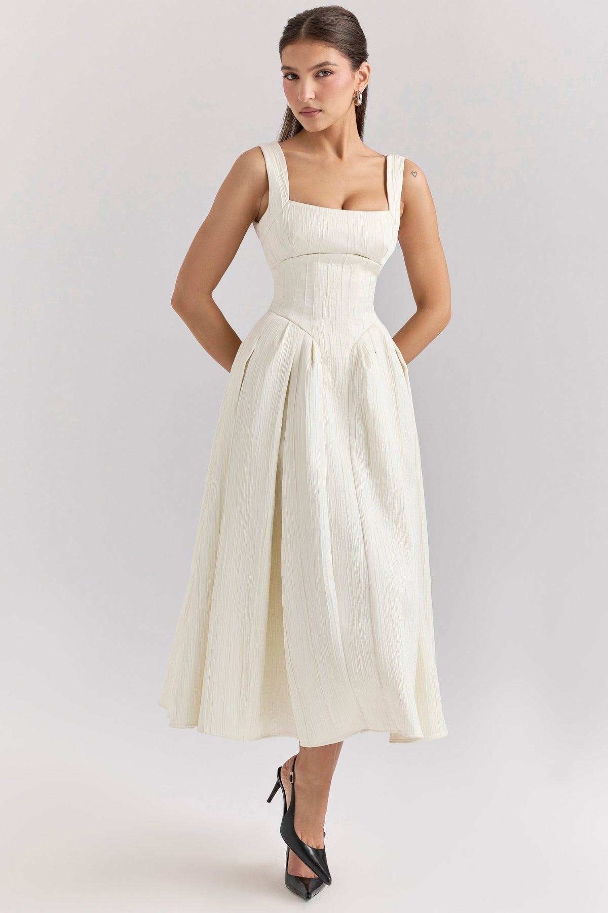 Textured Satin Square Neck Corset Bodice Pleated A-Line Midi Dress 4