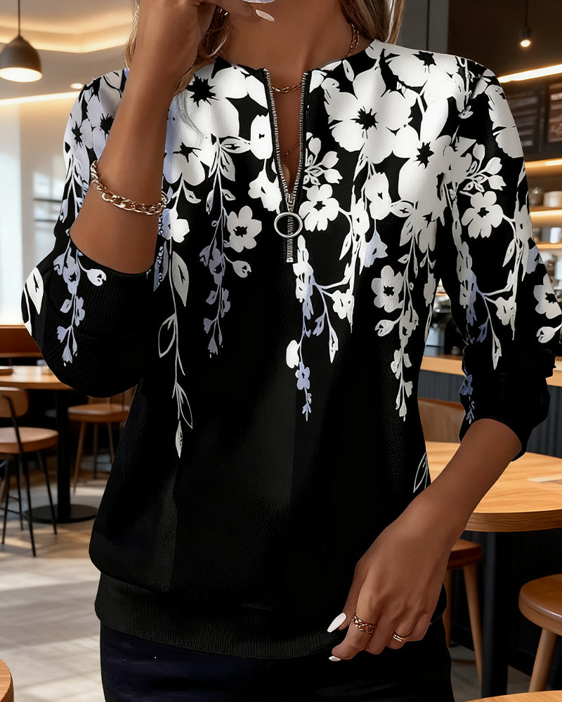 Floral Print Quarter Zip Long Sleeve Sweatshirt