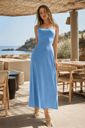 Solid Ribbed Tie Back Waist Cinch Slip Dress