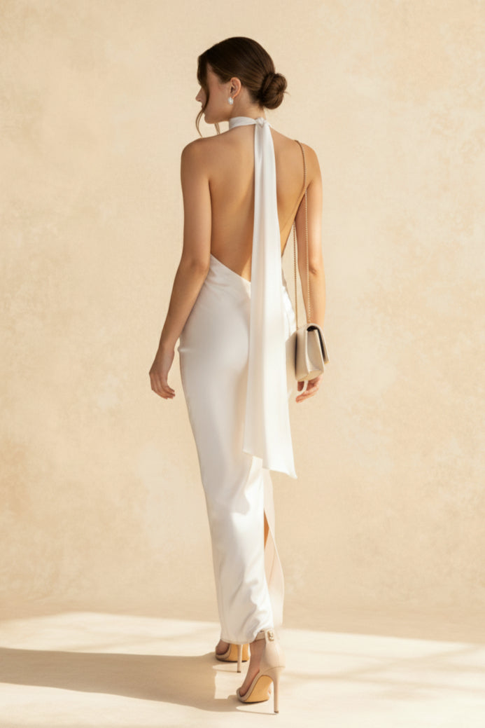 Vintage Solid Satin Backless Maxi Dress 2