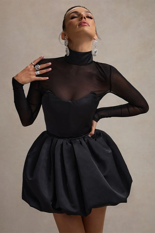 Sheer Mesh Mock Neck Long Sleeve Corset Bubble Hem Mini Dress