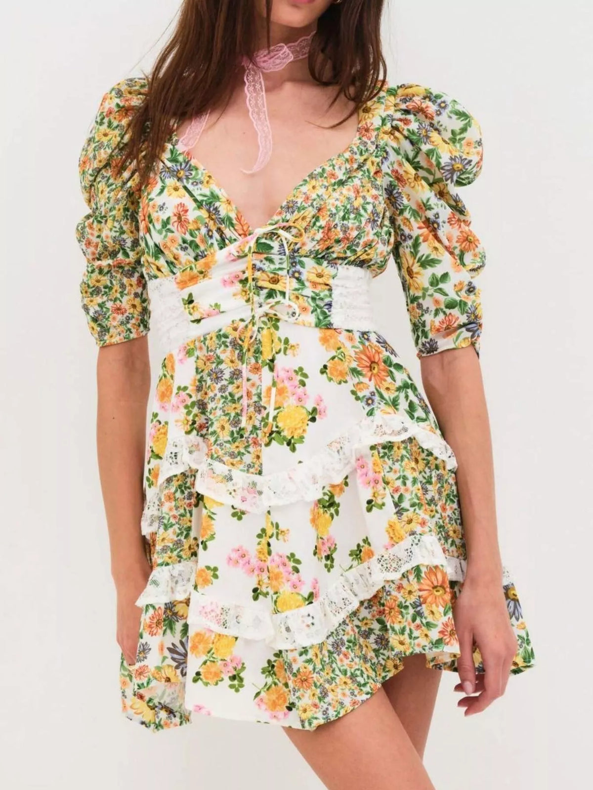 Floral Print Lace Trim Corset Waist Puff Sleeve Tiered Mini Dress 6