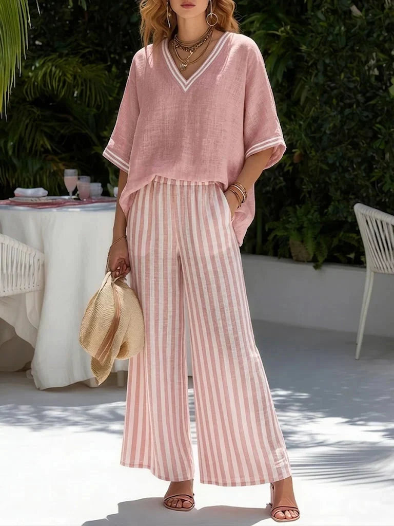 V-Neck Top and Striped Wide Leg Pants Two Piece Set