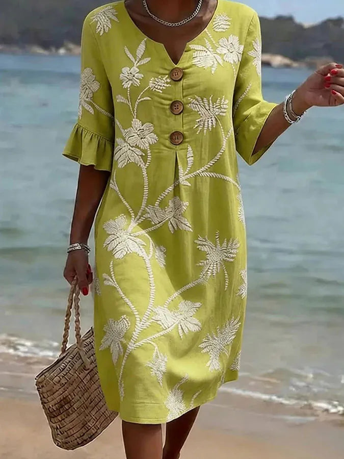 Floral Print Notch Neck Button Front Bell Sleeve Midi Dress