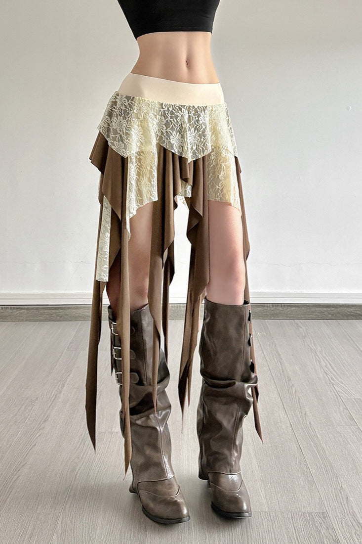 Lace Overlay Layered Strip Hem Asymmetric Low Rise Mini Skirt 2