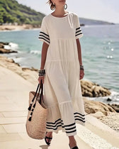 Striped Trim Short Sleeve Tiered Maxi Dress 9