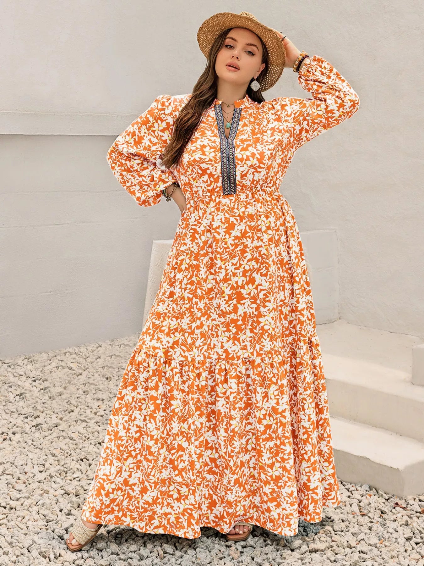 Plus Size Boho Floral Print Maxi Dress Tangerine