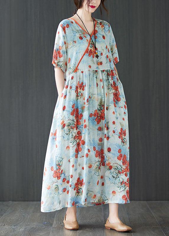 Berry Print Asymmetric V-Neck Empire Waist Short Sleeve Maxi Dress
