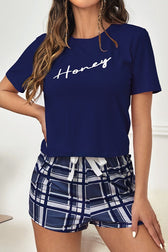 Letter Print Plaid Shorts Tee Pajama Set