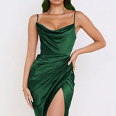 Satin Cowl Neck Spaghetti Strap High Split Slip Midi Dress 9