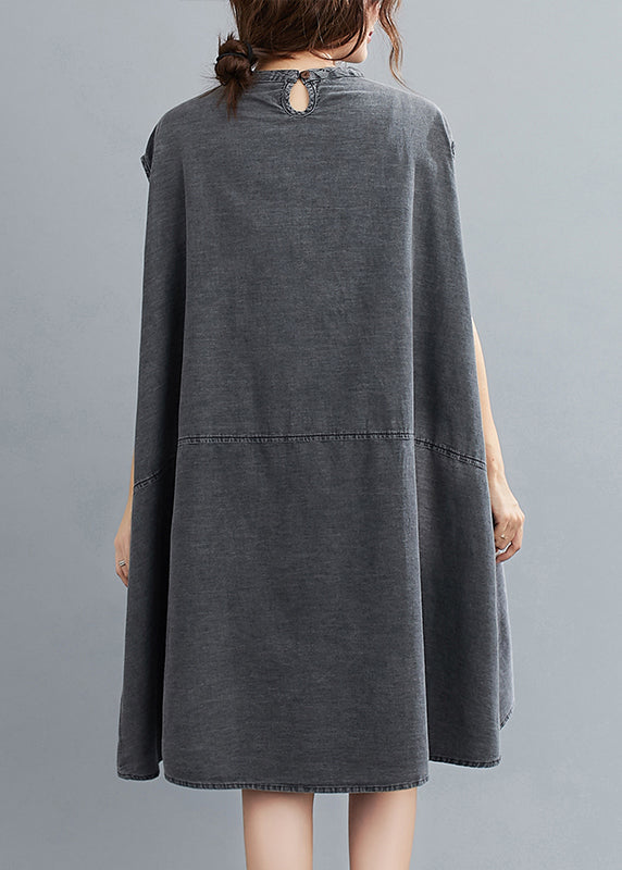 Stand Collar Cap Sleeve Front Patch Pocket Shift Mini Dress