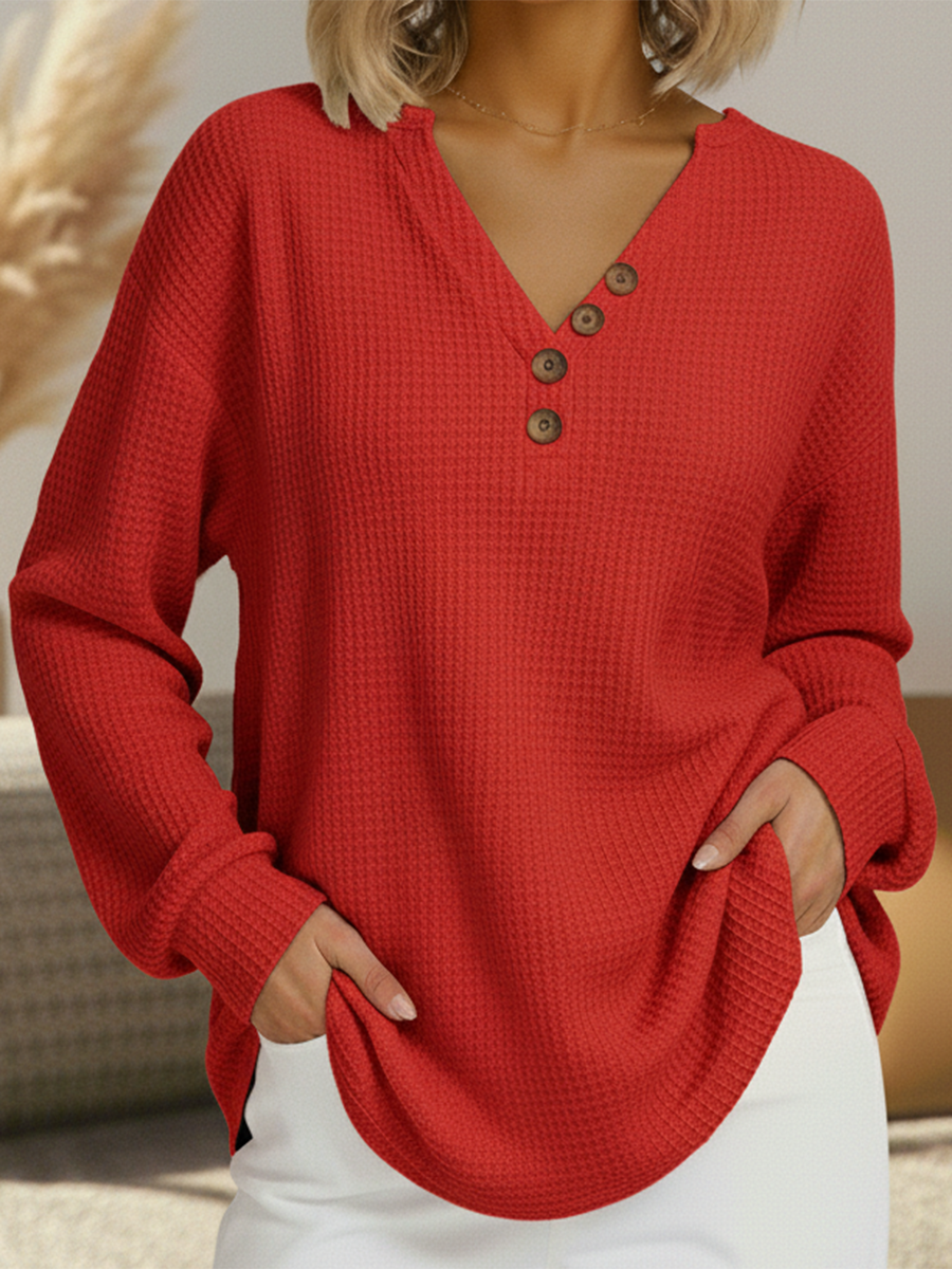 Waffle Knit V-Neck Button Front Long Sleeve Top