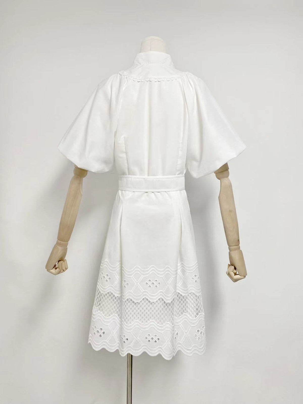 V-Neck Puff Sleeve Belted Button Front Eyelet Lace Mini Dress 7