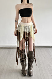 Sheer Lace Overlay Fringe Hem Skirt