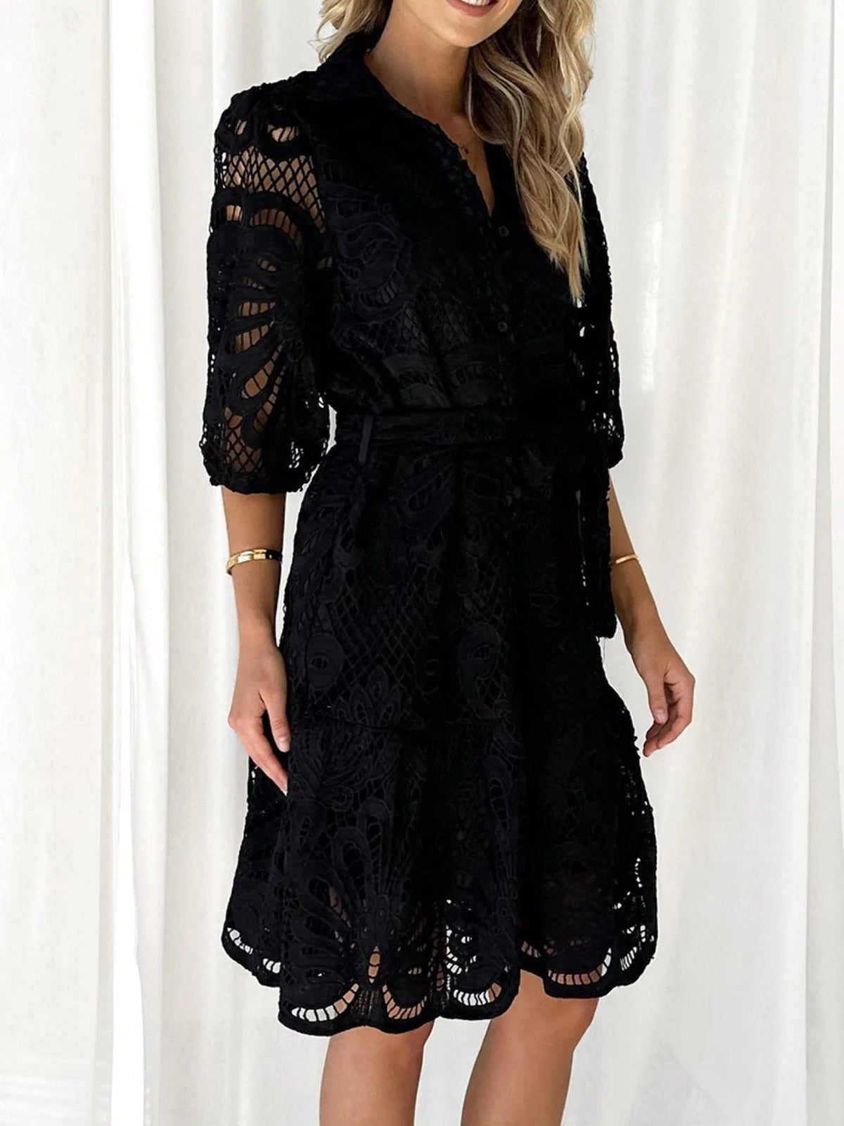 Crochet Lace Collared Button Front Half Sleeve Scalloped Hem Mini Dress