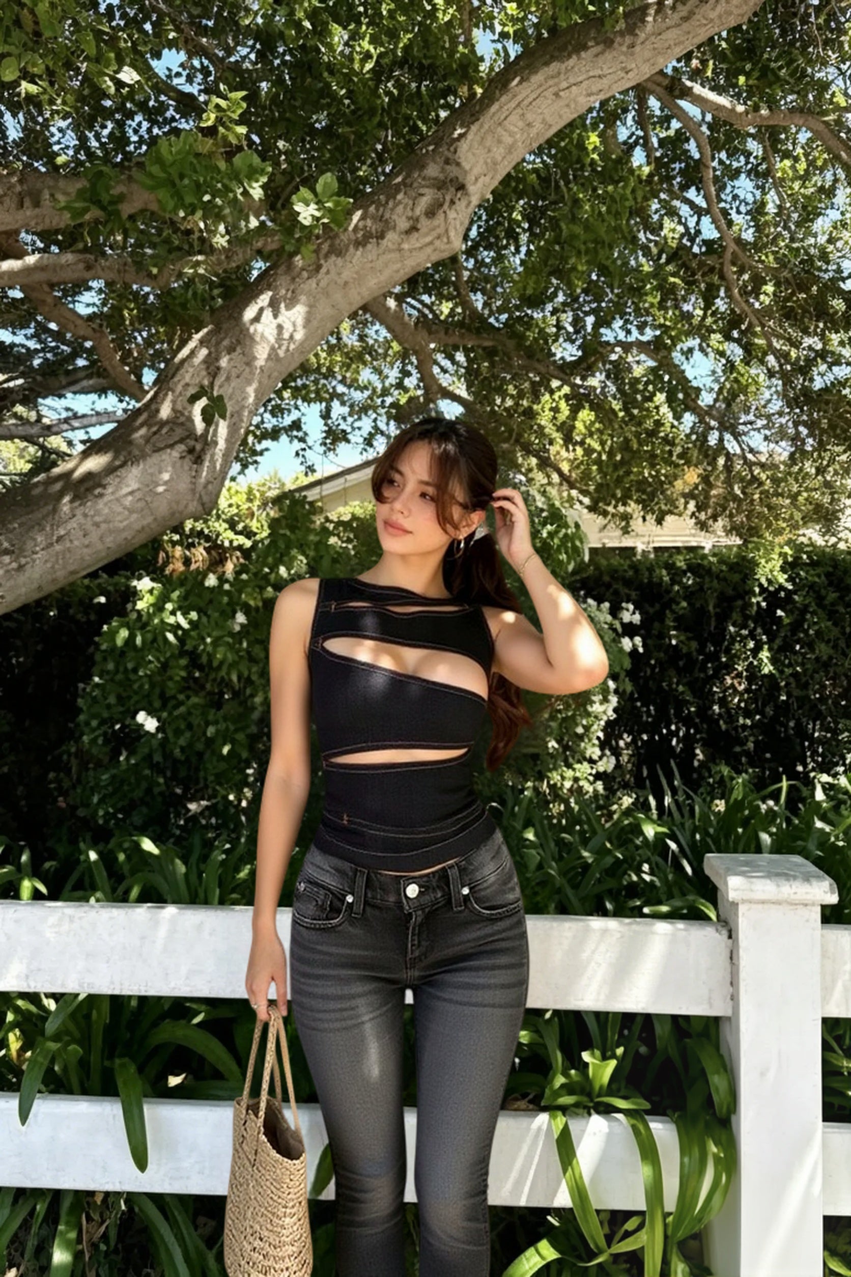 Hollow Out Denim O-neck Cami Top