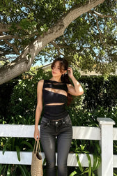 Hollow Out Denim O-neck Cami Top