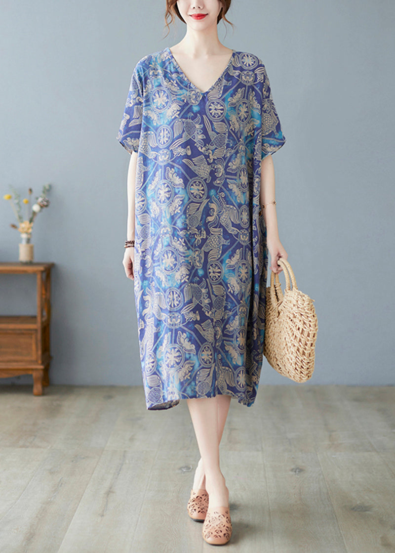 Crane Print V-Neck Short Sleeve Drop Shoulder Oversized Shift Midi Dress