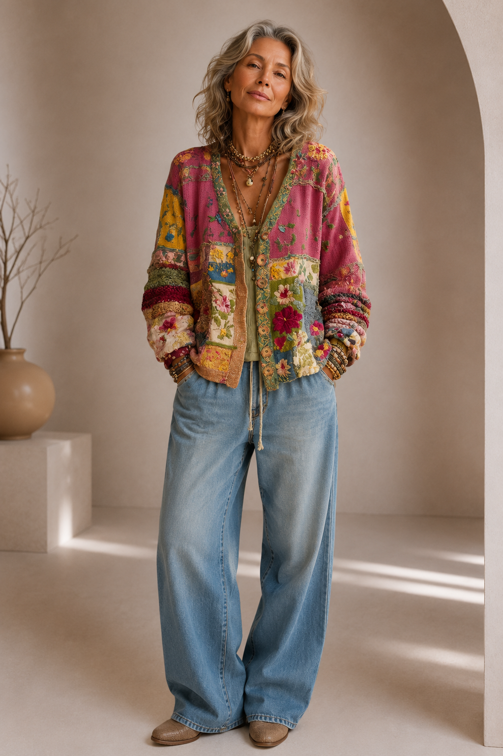 Floral Patchwork Boho Knit Cardigan