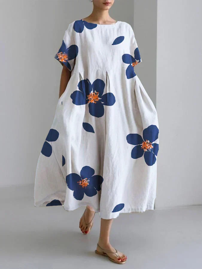 Floral Print Round Neck Short Sleeve Midi Dress