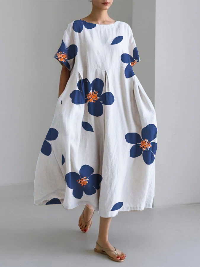 Floral Round Neck Short Sleeve Pocket Cocoon Midi Dress