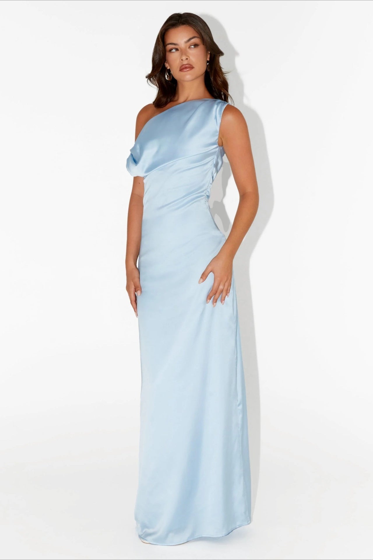 Satin Asymmetric One Shoulder Ruched Maxi Gown