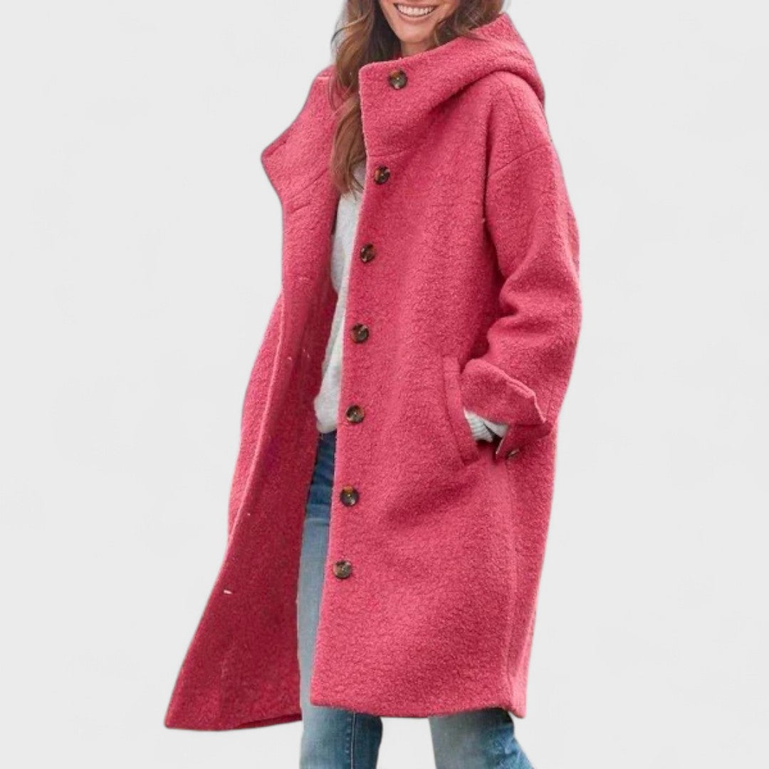 Hooded Button Front Longline Wool Blend Coat