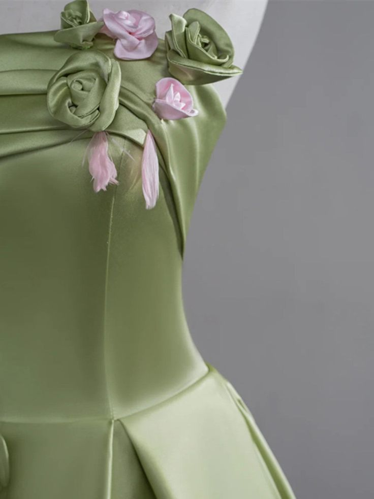 Elegant Green Satin Party Dress With Flowers, Green Long Prom Dress  cc1442