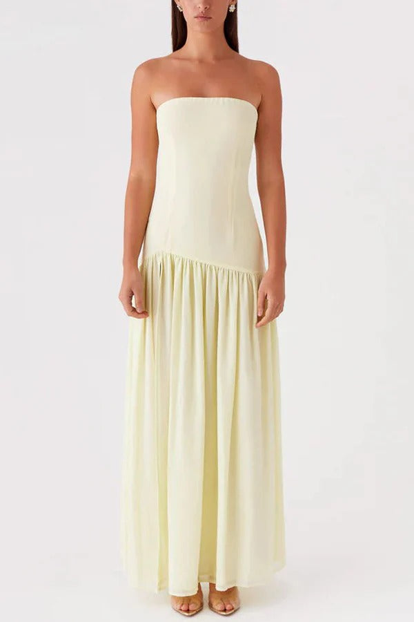 Strapless Drop Waist Gathered Skirt High Split Maxi Dress 17