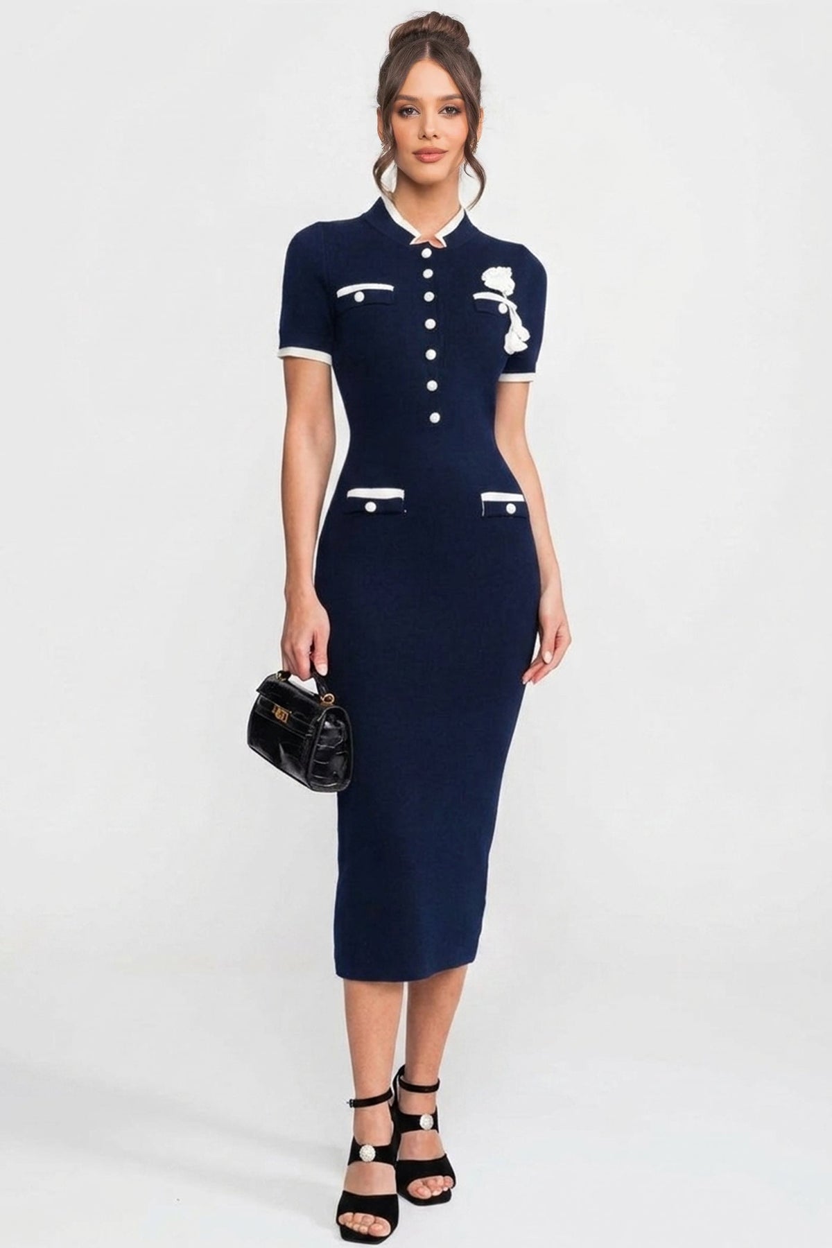 Short Sleeve Button Front Contrast Trim Knit Bodycon Midi Dress