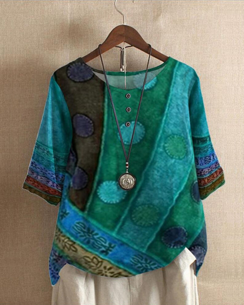 Patchwork Print Round Neck Half Sleeve Tunic Top
