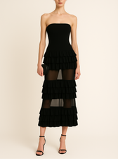 Strapless Tiered Ruffle Mesh Midi Dress