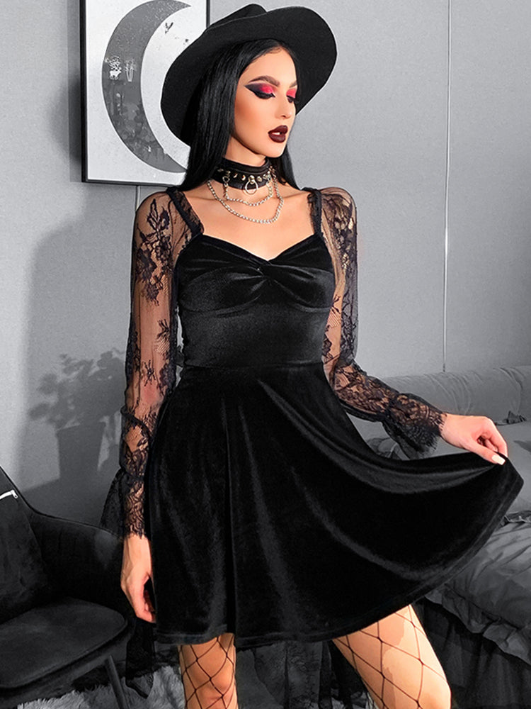 Velvet Lace Lantern Sleeve Twisted 40s 50s Retro V Neck Dress