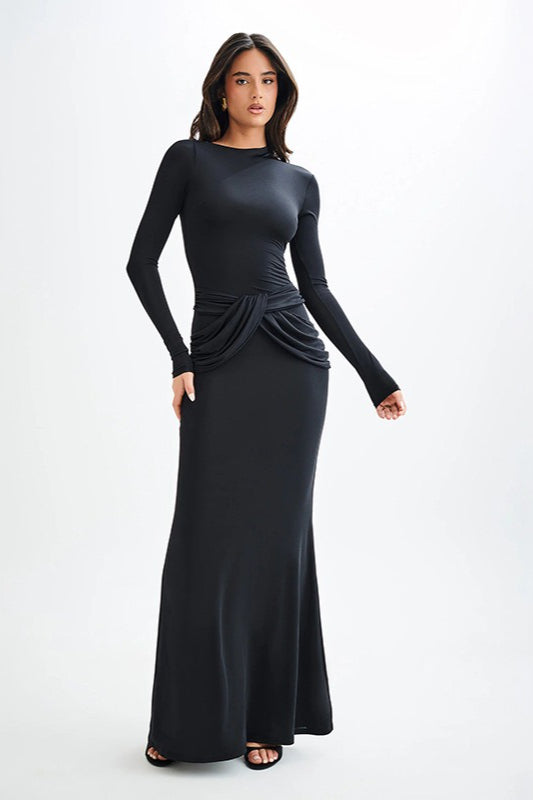 Crew Neck Long Sleeve Draped Tie Waist Bodycon Maxi Dress 7