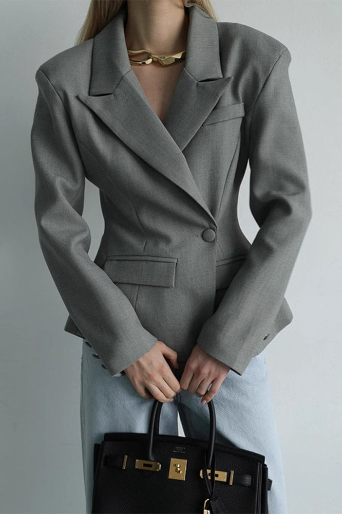 Padded Shoulder Notch Lapel Fitted Waist Peplum Blazer 3