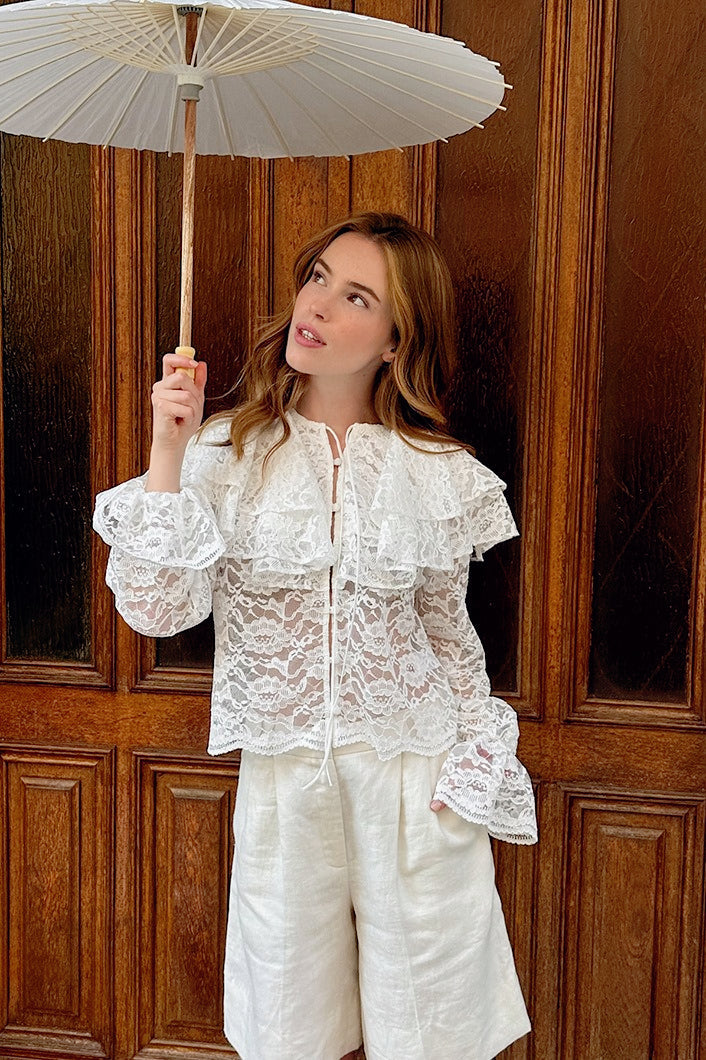 Lace Tiered Ruffle Collar Long Sleeve Tie Front Blouse 3