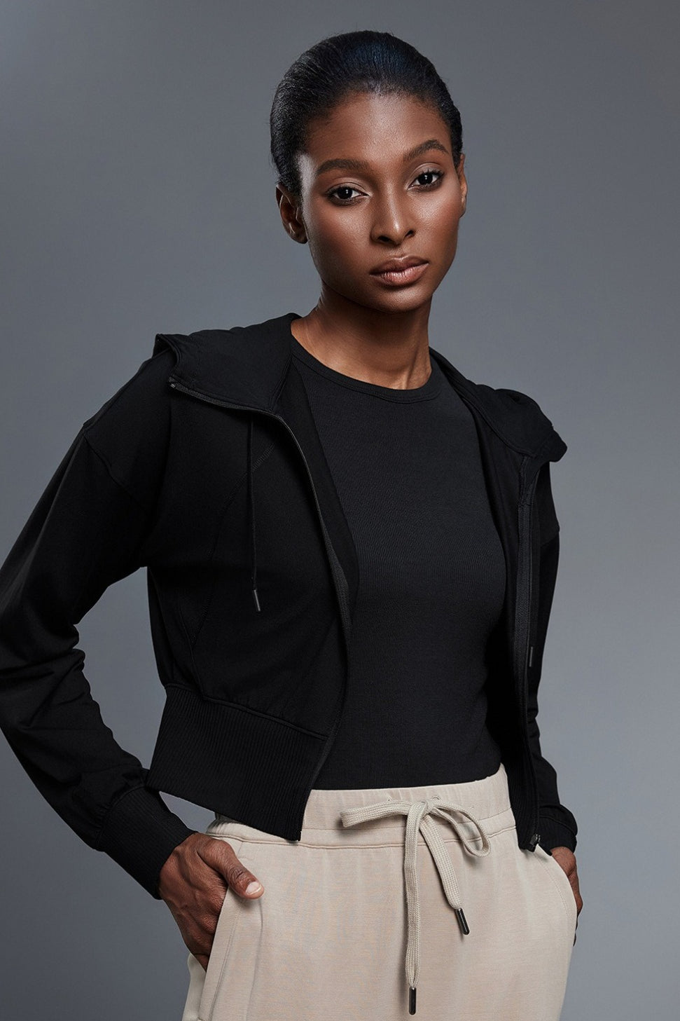 Cropped Waist Tie Active Zip Hoodie