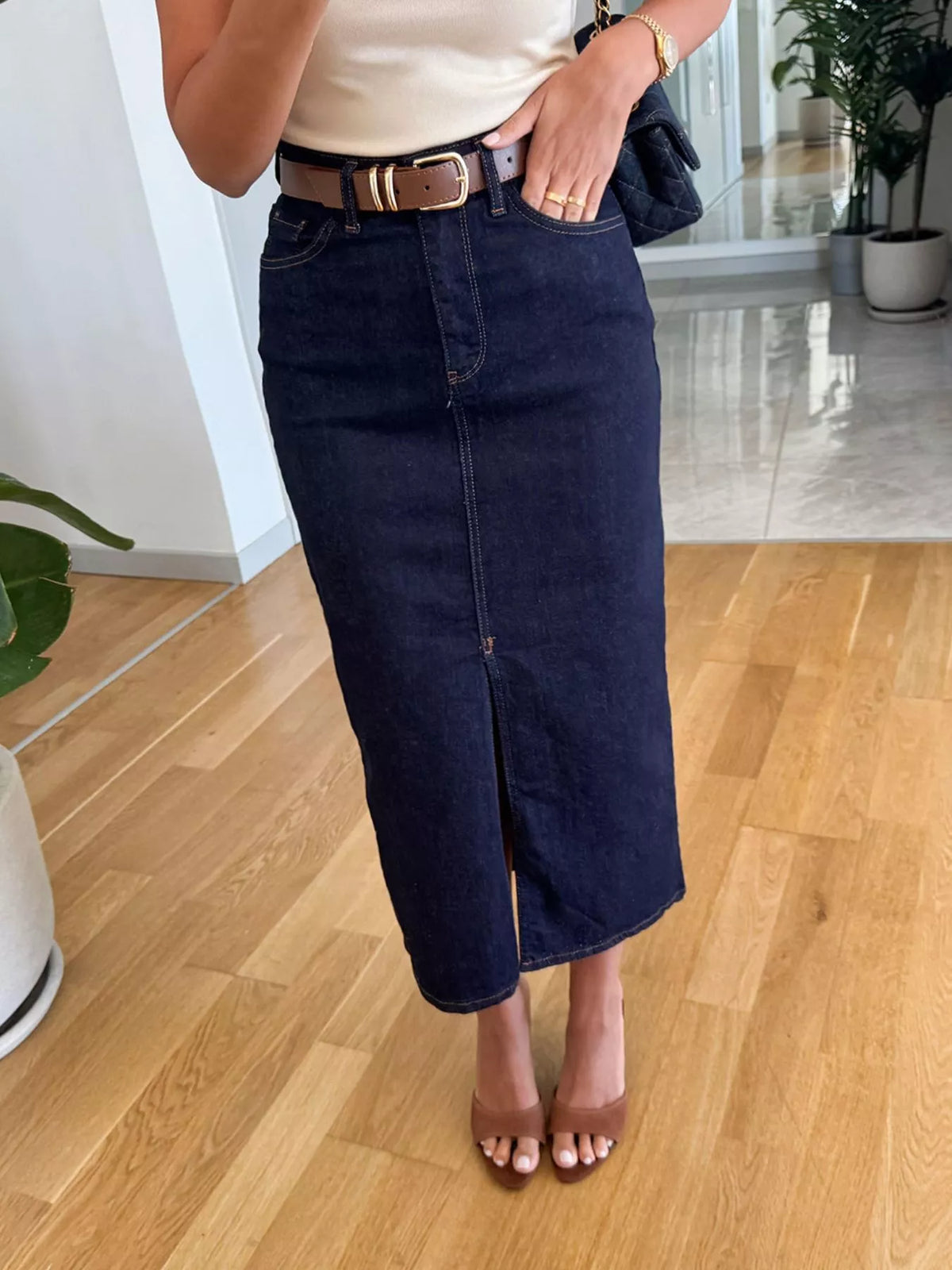 High Waist Front Slit Denim Midi Pencil Skirt