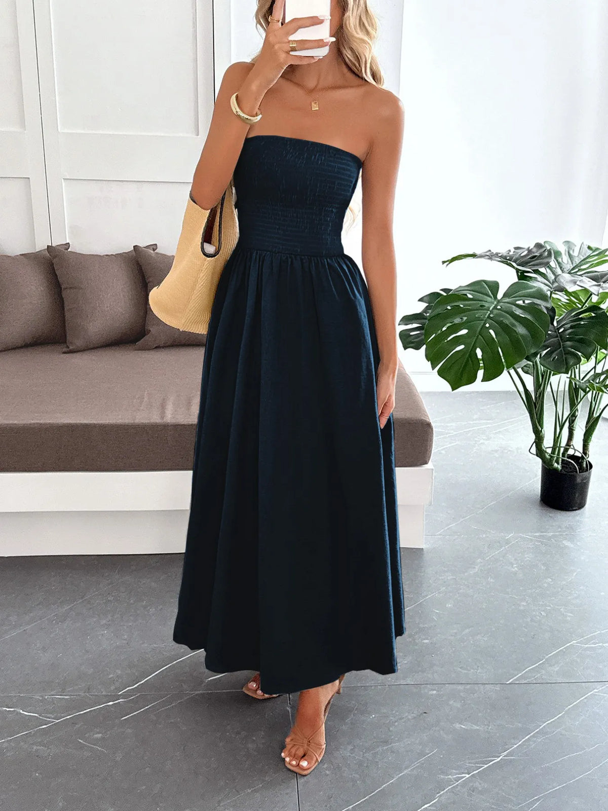Strapless Smocked Bodice A-Line Tube Maxi Dress