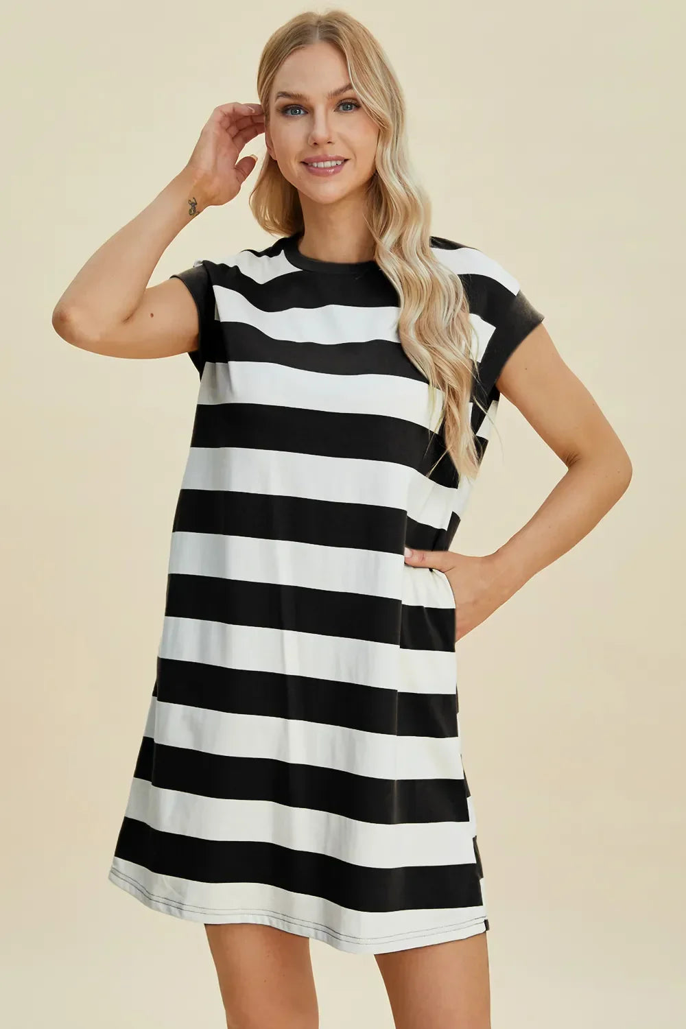 Striped Sleeve Mini Dress = Round Neck Black