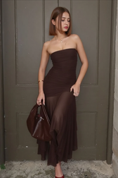 Solid Strapless Mesh Panel Party Dress