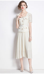 Faux Two Piece Lace Long Sleeve Pleated Midi Dress 41