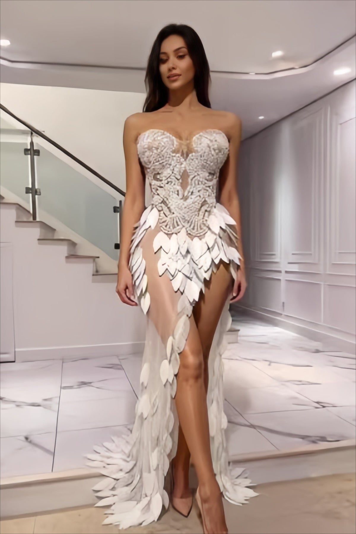 Strapless Sweetheart Embroidered Bodice Leaf Applique High Split Gown 2